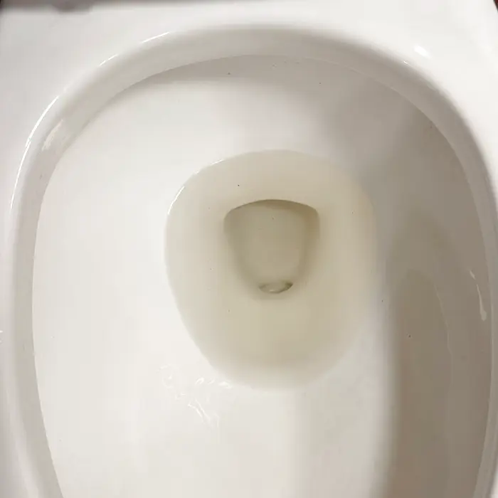 The same toilet bowl with the rim staining removed after cleaning