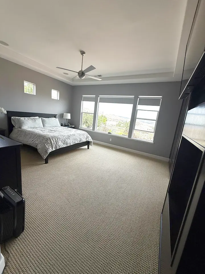 Master bedroom with vacuumed carpet and a view of the Reno hills